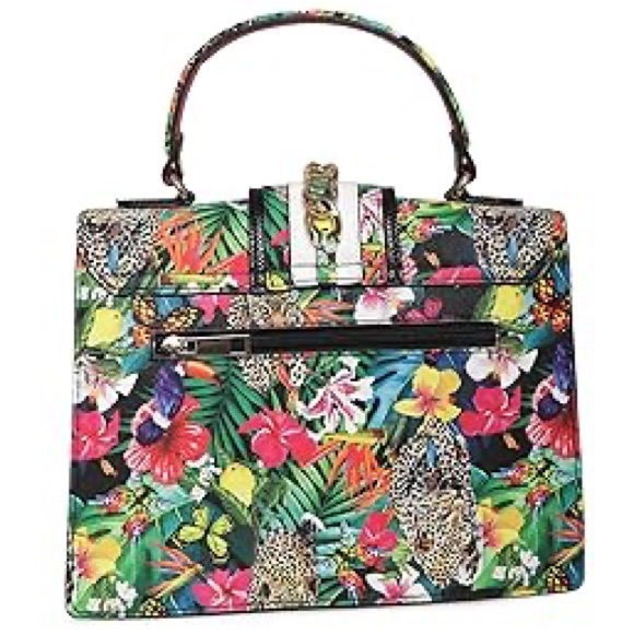 Aldo Baro Tropical Print Top Handle Satchel Bag, Yellow/Multi w/ Crossbody Strap - Picture 3 of 10